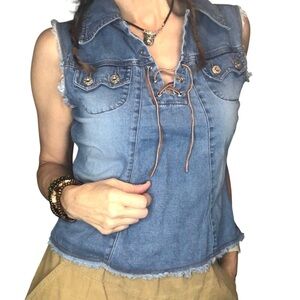 Vtg 90’s Y2K Periscope Denim Boho Top Shirt Sz M Corset Neckline Casual Western